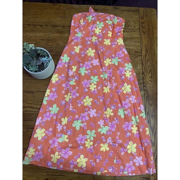 Lilly Pulitzer Orange Floral Tie Back Strapless Boning Cut Out Womens Dress SZ 8 - Picture 1 of 8